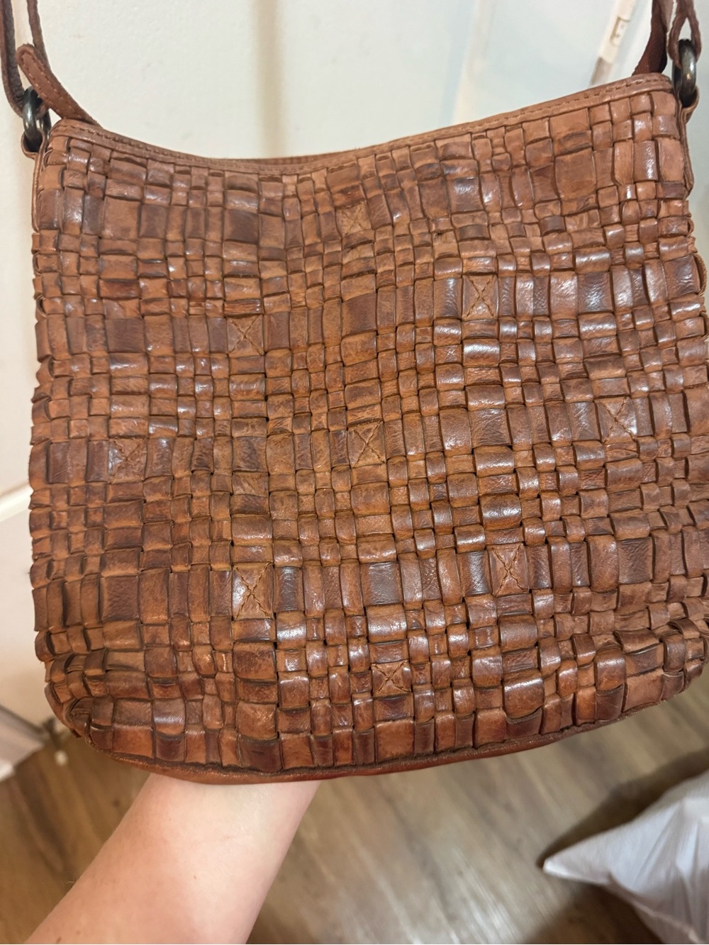Vilencia Holland Anthropologie Brown Leather Woven Crossbody Bag